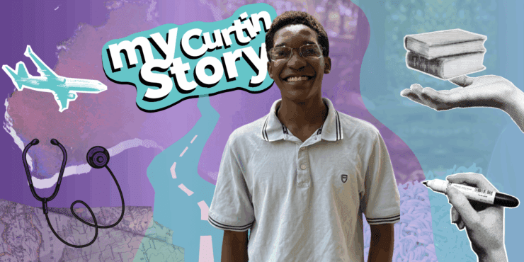 decorative collage image of Damien, with the title 'My Curtin Story'