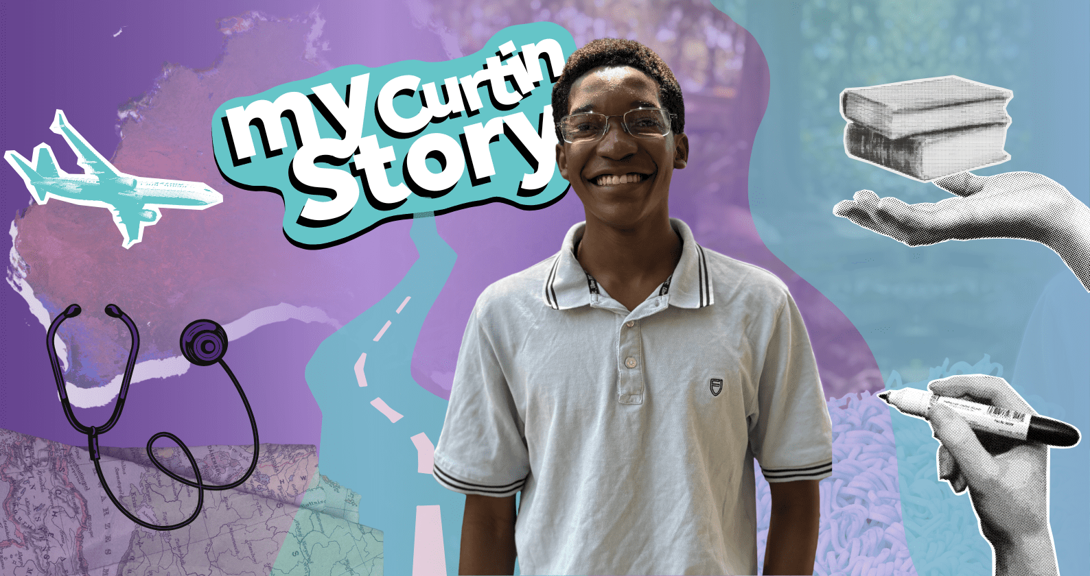 decorative collage image of Damien, with the title 'My Curtin Story'