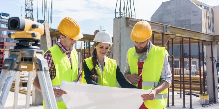 Female construction worker analysing a blueprint with two male workers outdoors on the construction site.