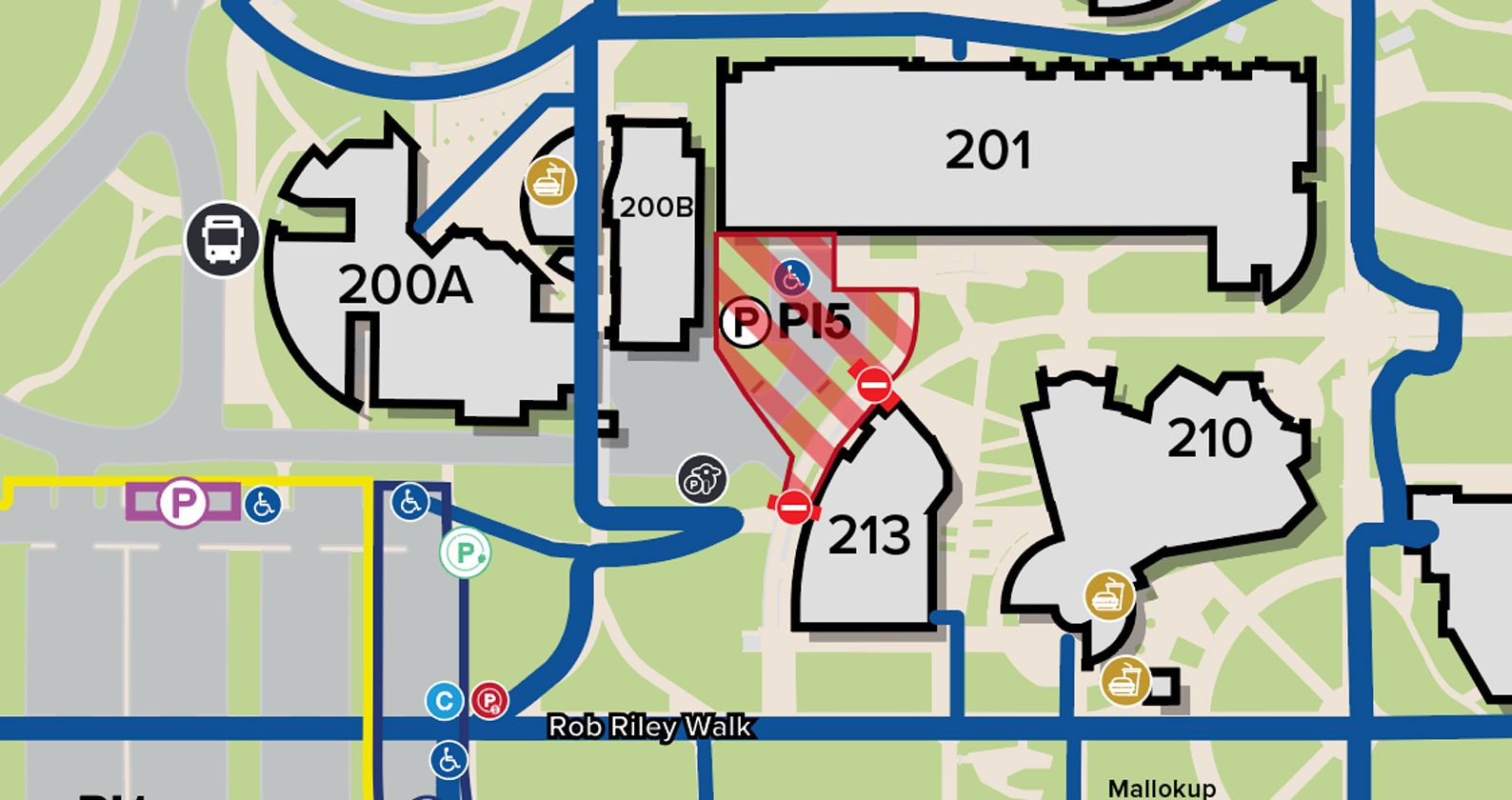 A map of where a footpath is closed next to Building 213.