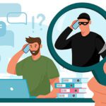 A man on a laptop with a robber next to him inside a magnifying glass.