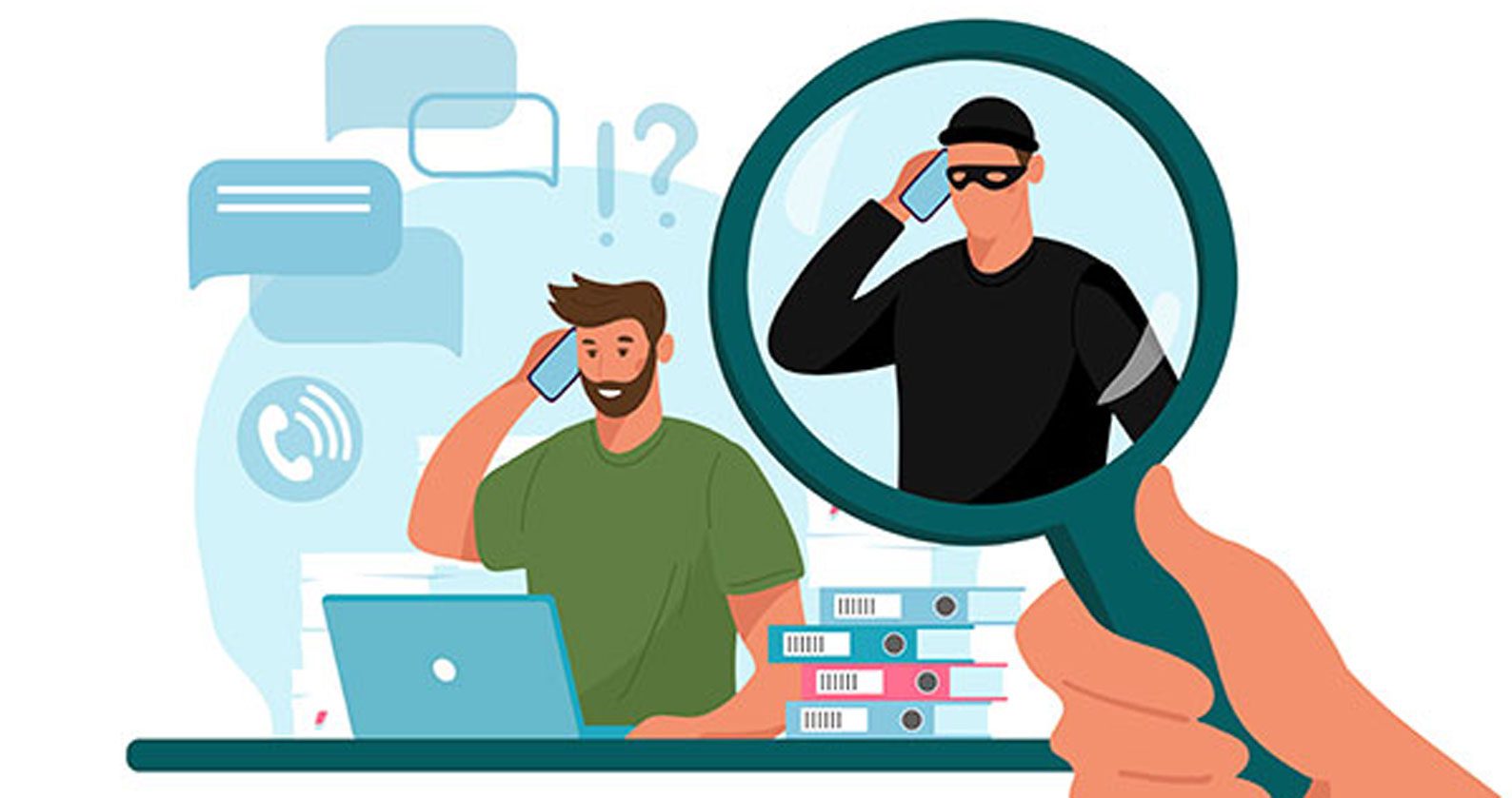 A man on a laptop with a robber next to him inside a magnifying glass.