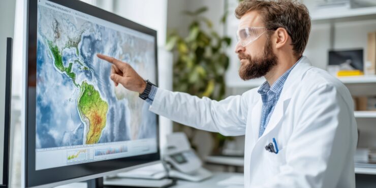 A scientist wearing safety glasses points at a digital map on a monitor.