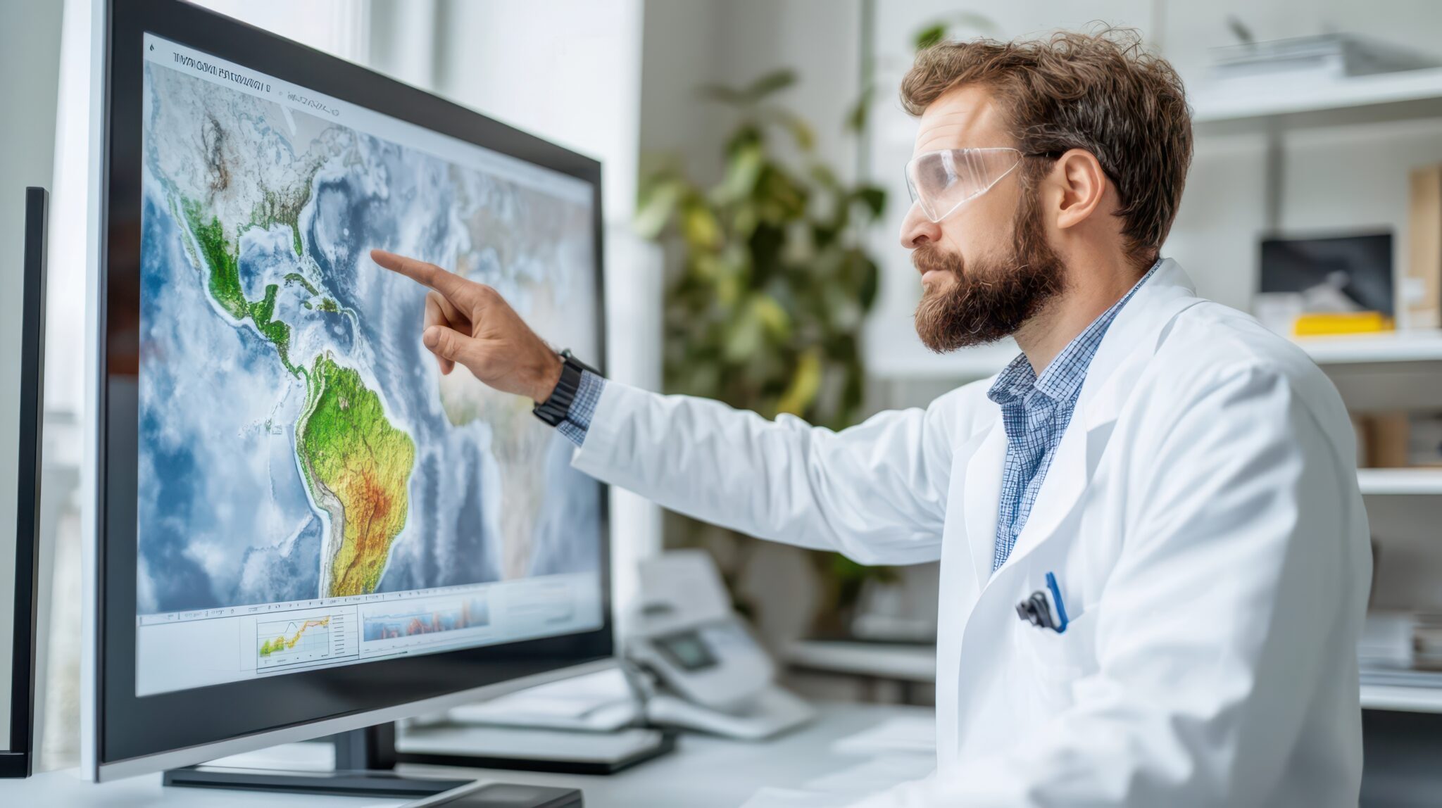 A scientist wearing safety glasses points at a digital map on a monitor.