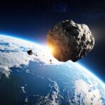 A meteor floats above Earth in a cosmic scene of potential impact.