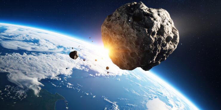 A meteor floats above Earth in a cosmic scene of potential impact.
