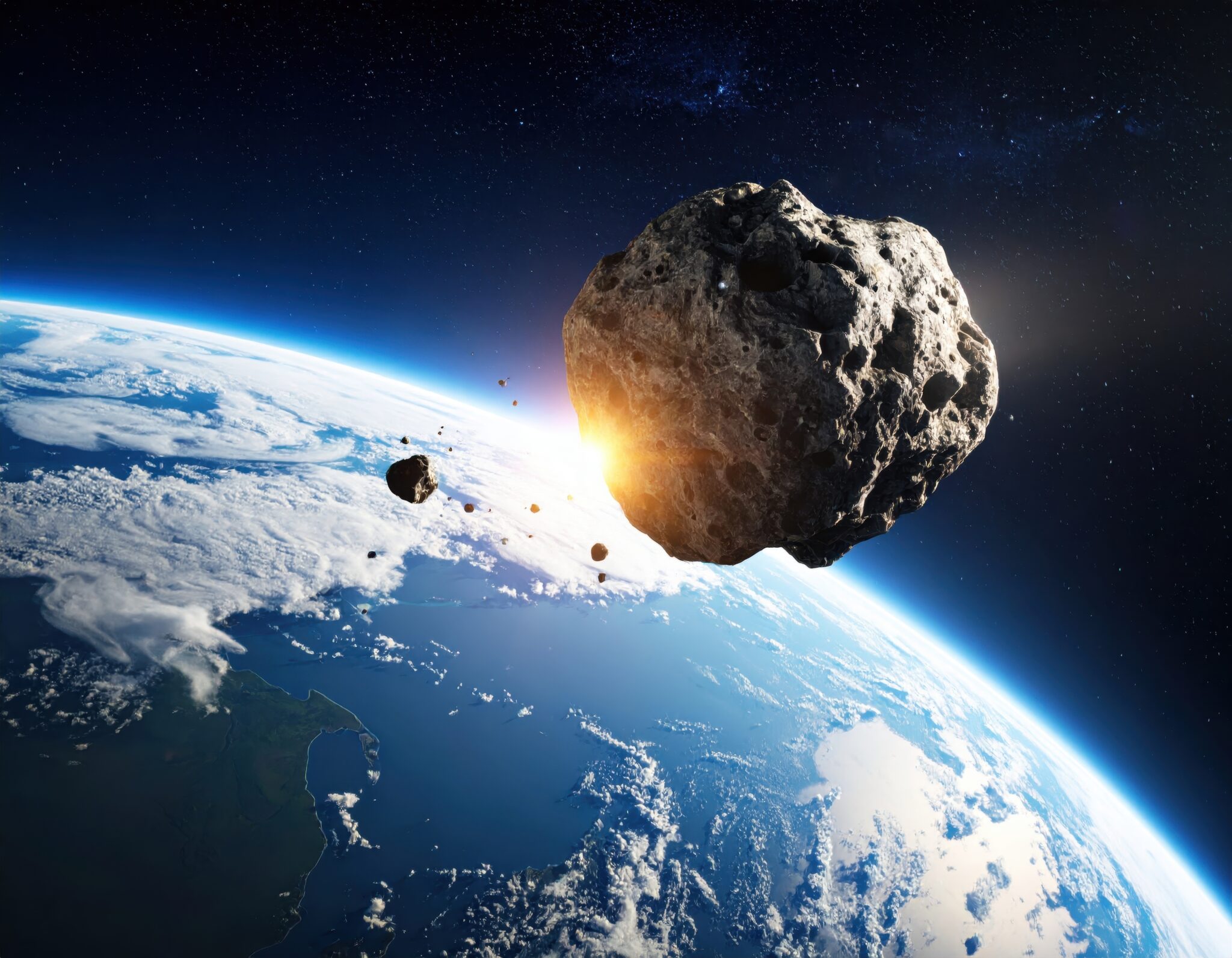 A meteor floats above Earth in a cosmic scene of potential impact.