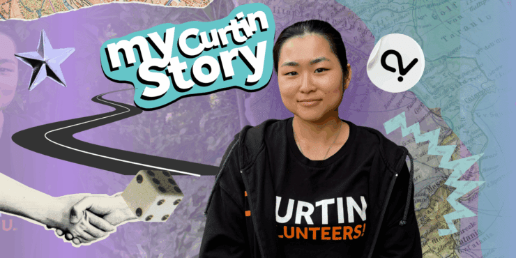 Alexis is smiling on top of a coloured graphic with symbols representing her journey. There is graphic text reading "my Curtin story"