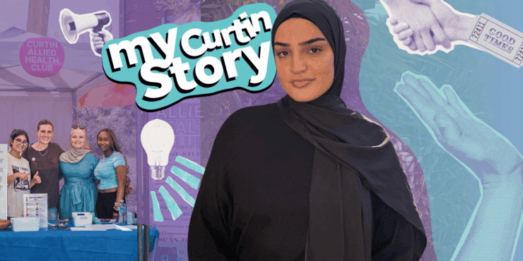 A student, Zehrah, stands smiling at the camera surrounded by different graphic elements that represent her journey. The text "My Curtin Story" is shown in a bold graphic.