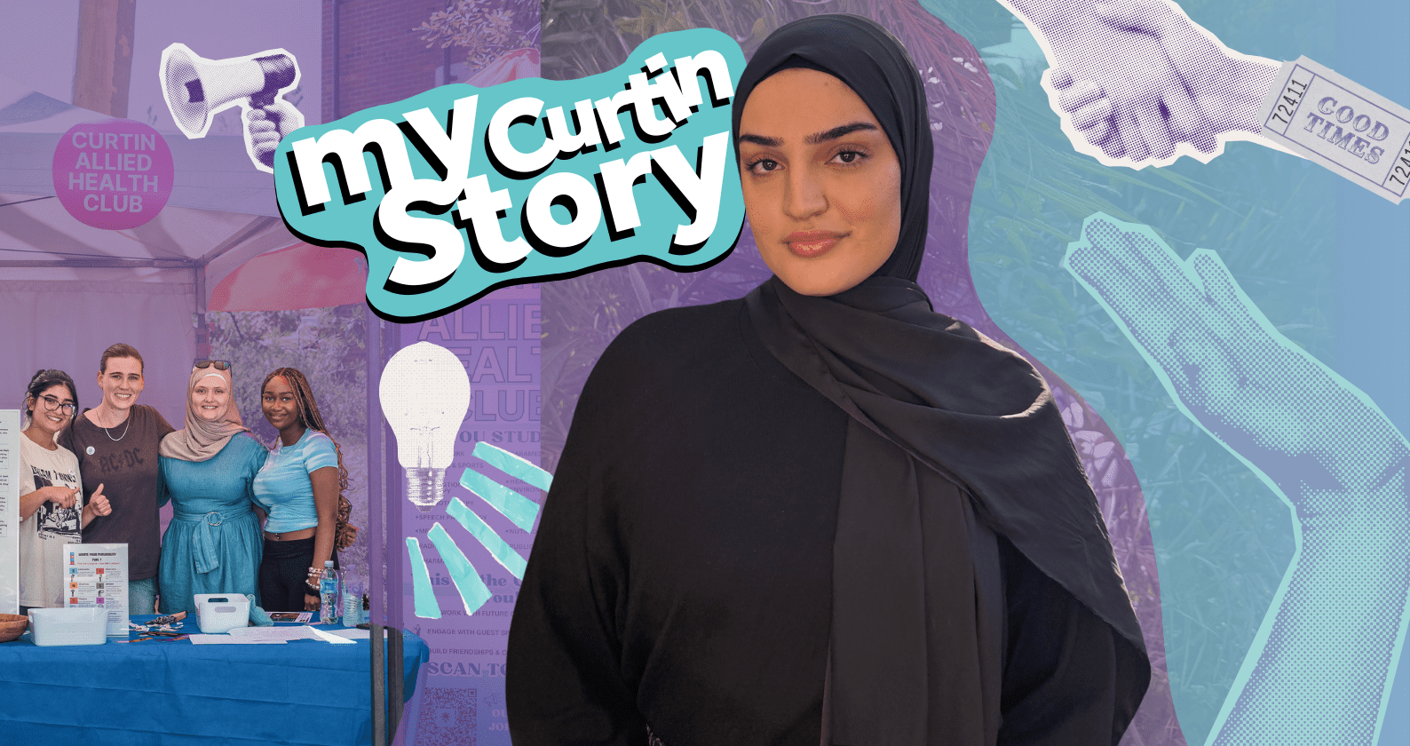 A student, Zehrah, stands smiling at the camera surrounded by different graphic elements that represent her journey. The text 