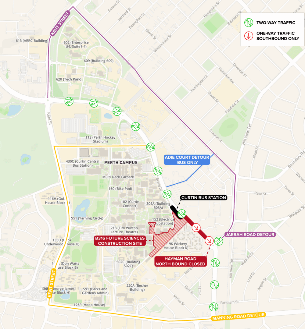 A map of the road closures affected by the construction at Buidling 316.
