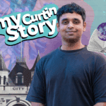 Arnav smiles surrounded by a collage graphic of items representing his journey, along with the text 