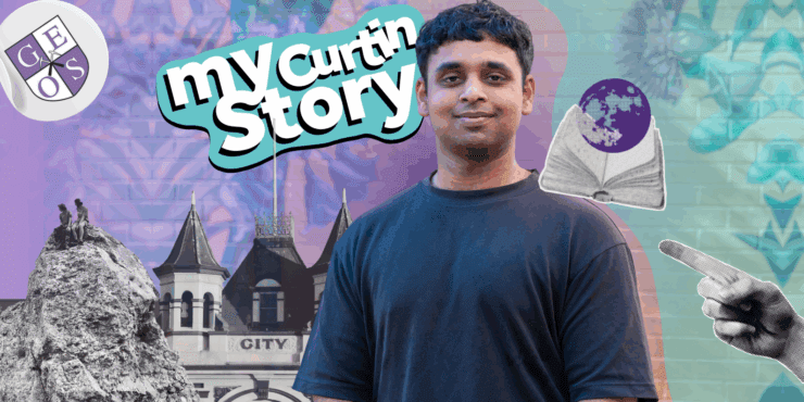 Arnav smiles surrounded by a collage graphic of items representing his journey, along with the text "My Curtin Story"