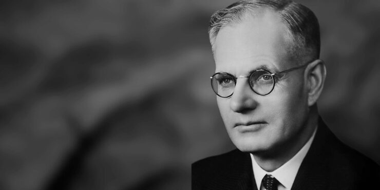 An image of prime minister John Curtin, in black and white.