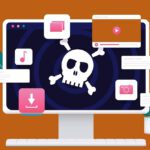 Graphic image of computer with icons and skull.