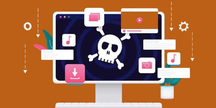 Graphic image of computer with icons and skull.