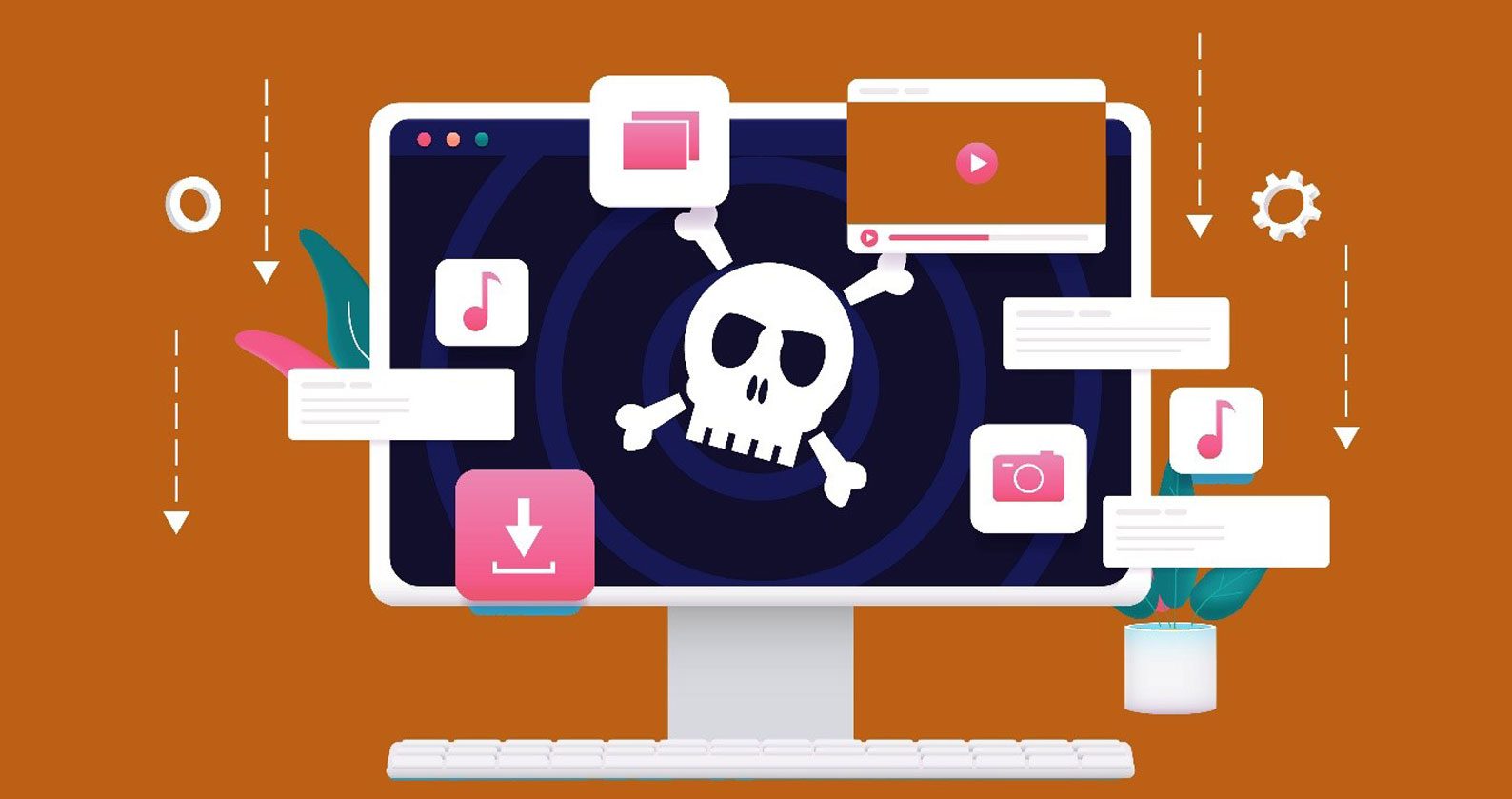 Graphic image of computer with icons and skull.