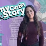 Jess is surrounded by the text: My Curtin Story and a variety of writing adjacent icons.