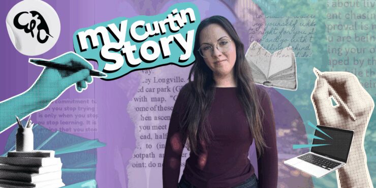 Jess is surrounded by the text: My Curtin Story and a variety of writing adjacent icons.