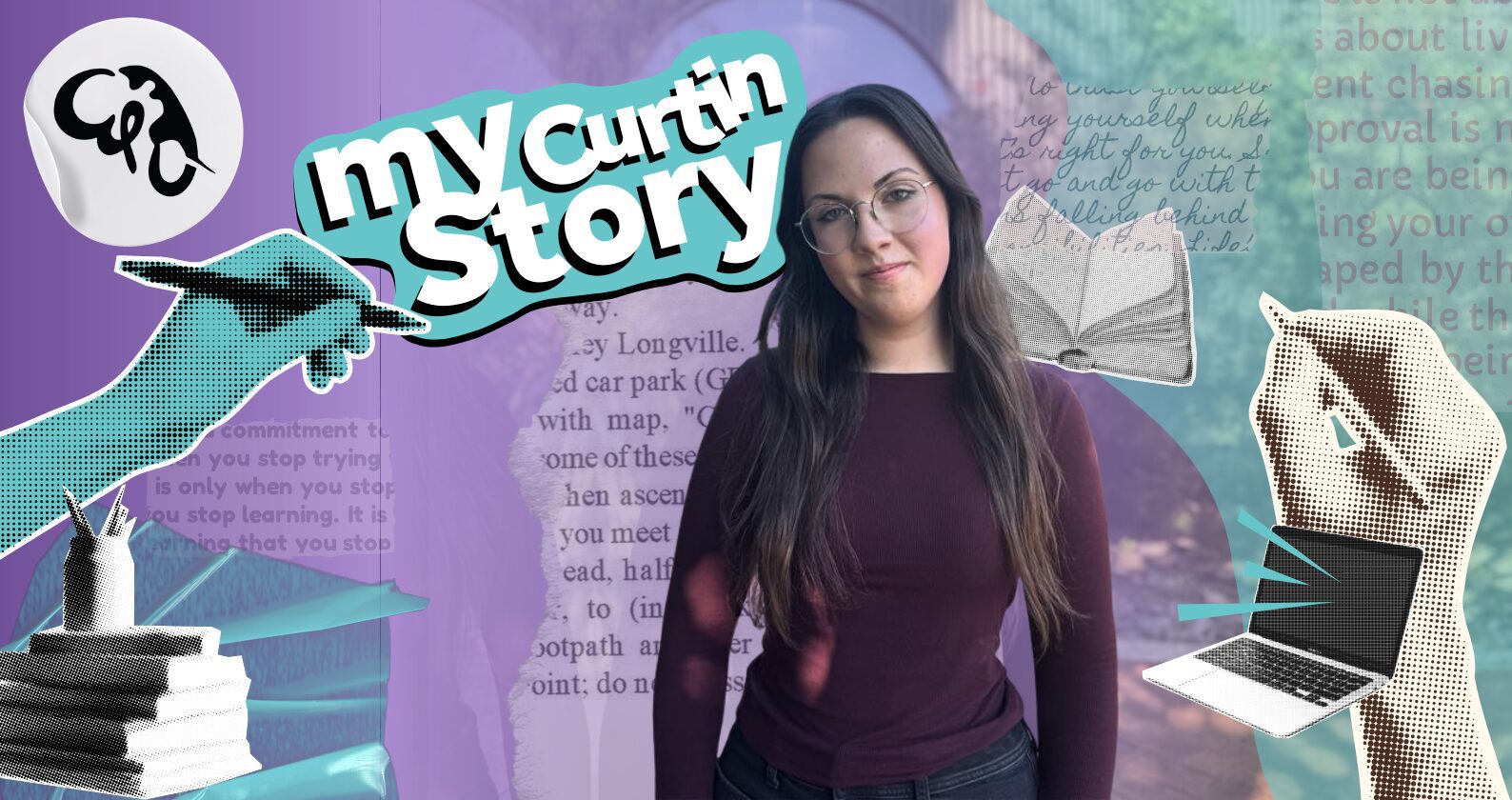 Jess is surrounded by the text: My Curtin Story and a variety of writing adjacent icons.