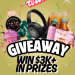 Image of a graphic saying 'Giveaway Win 3k+' with a photo of the prizes including headphones, watch, water bottle and more.