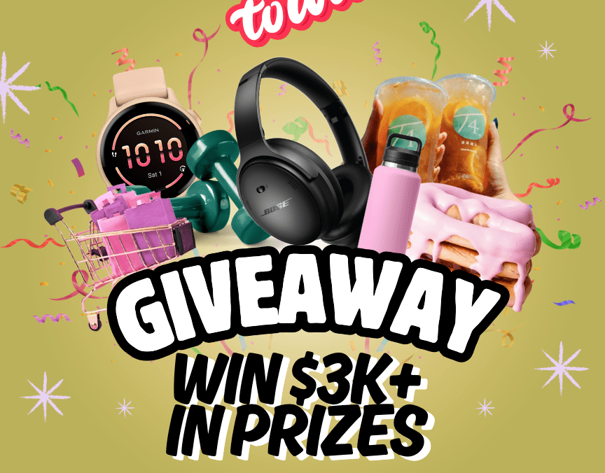 Image of a graphic saying 'Giveaway Win 3k+' with a photo of the prizes including headphones, watch, water bottle and more.