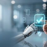 Human and robot hands touching digital checkmark.