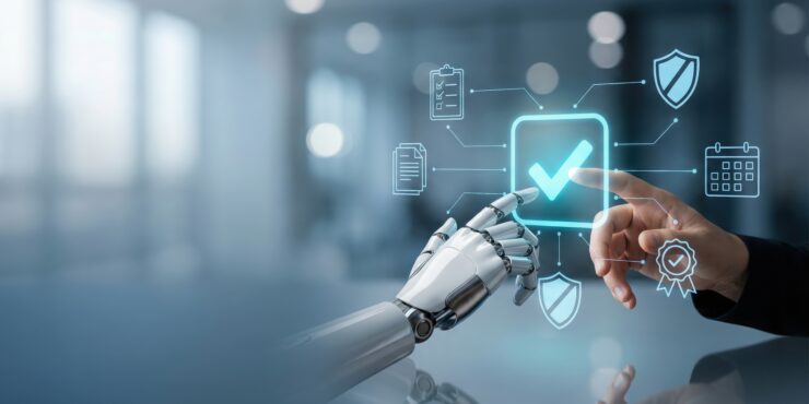 Human and robot hands touching digital checkmark.