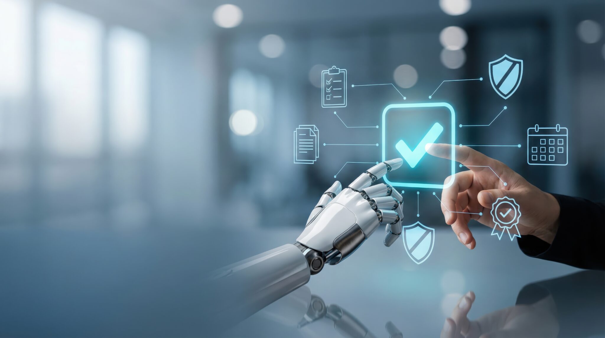 Human and robot hands touching digital checkmark.