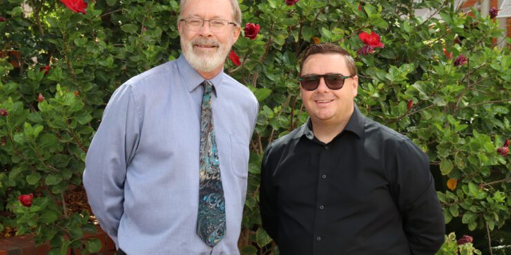 Head of Curtin’s Western Australian School of Mines Professor Mark Buntine (left) and Victory Metals Chief Executive Officer and Executive Director Brendan Clark.