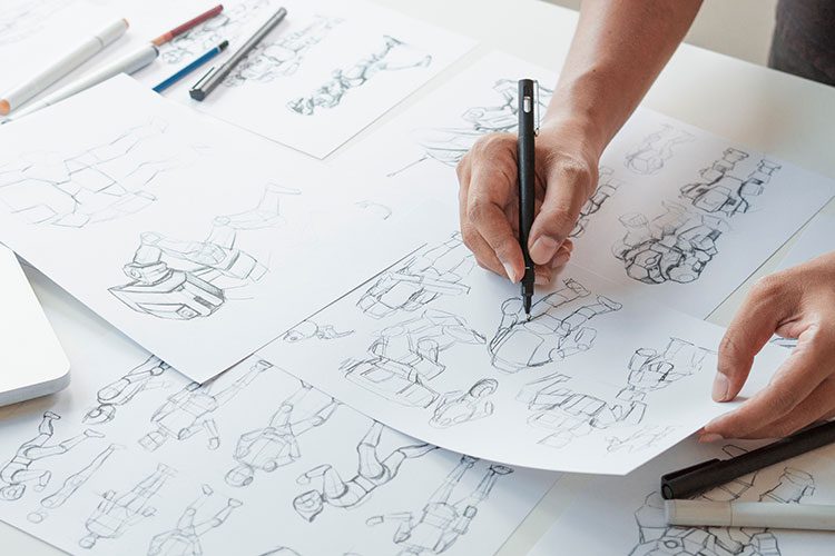 Free hand sketches of a sci-fi robot