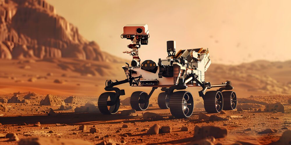 Space exploring equipment on planet surrounded by rocks.