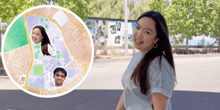 An image of Kristel talking to the camera, with a map on the left