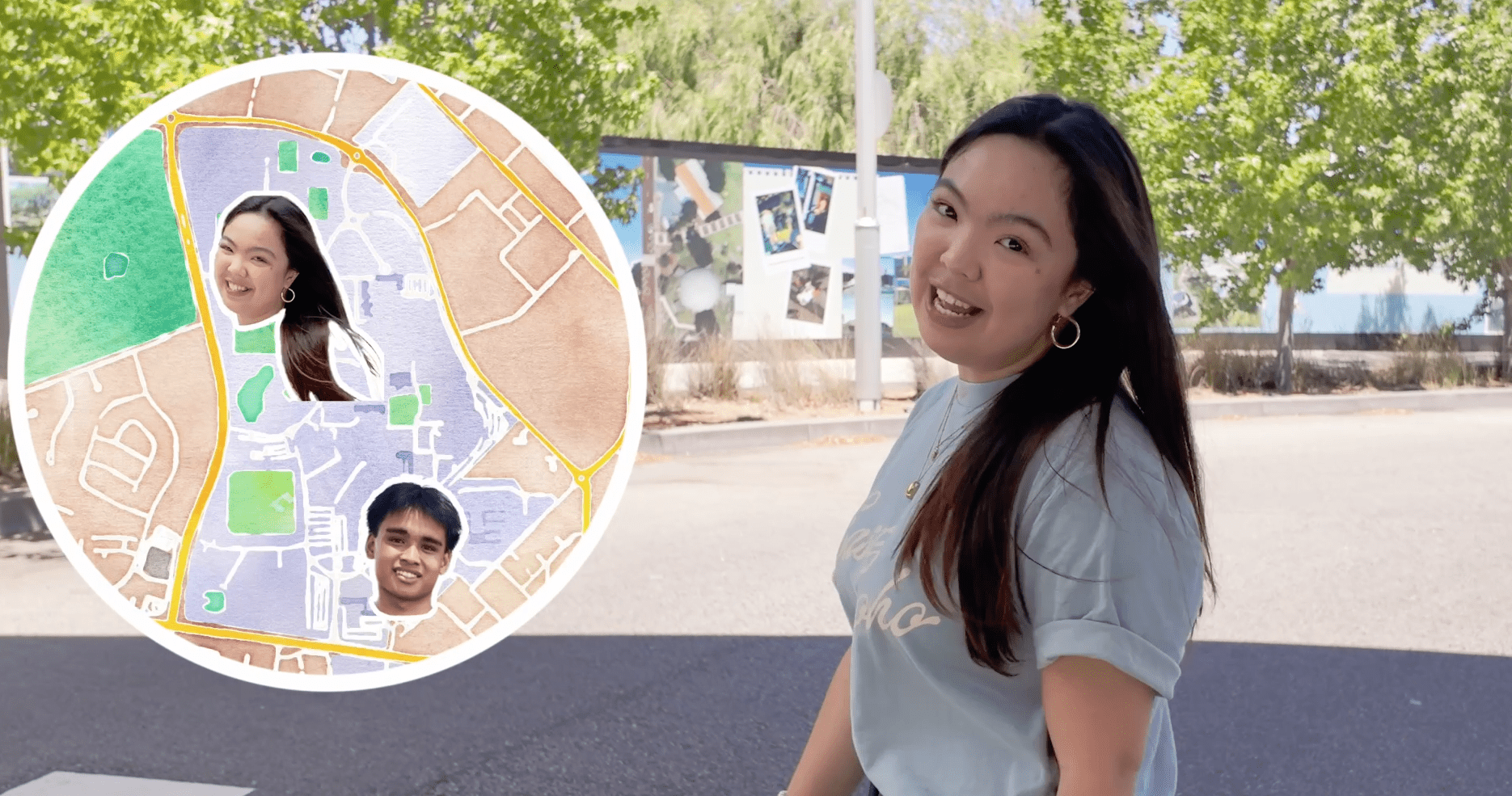An image of Kristel talking to the camera, with a map on the left