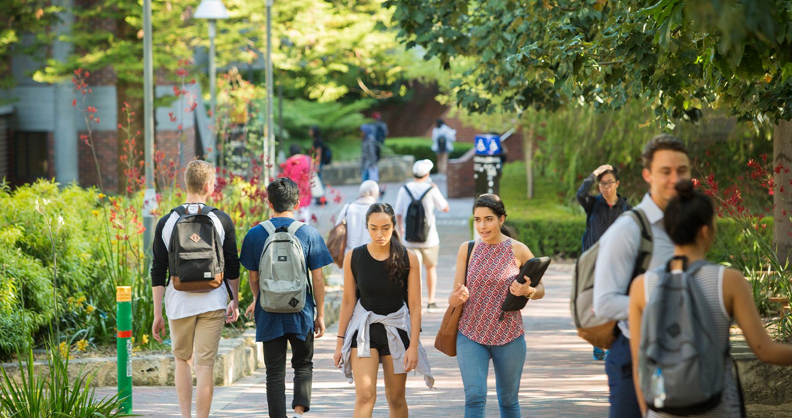 Students walking along a leafy campus pathway with backpacks on a sunny day