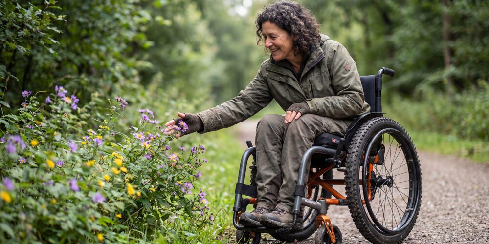 Woman in wheelchair smiling at flowers