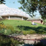 The Curtin Dome reimagined as an open‑air pavilion with landscaped greenery and people relaxing on a grassy slope.