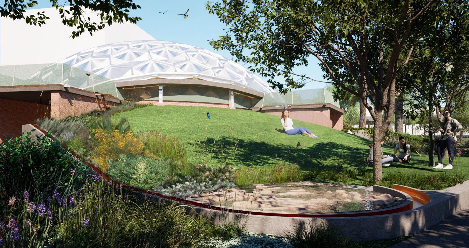 The Curtin Dome reimagined as an open‑air pavilion with landscaped greenery and people relaxing on a grassy slope.