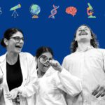 Group of people in lab coats with science icons above them on a blue background.