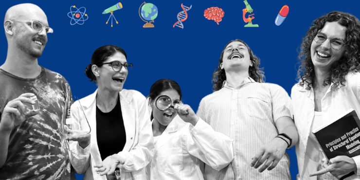 Group of people in lab coats with science icons above them on a blue background.