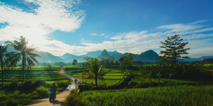 Breathtaking landscape of lush green rice fields and mountains under a vibrant blue sky in Jawa Barat, Indonesia.