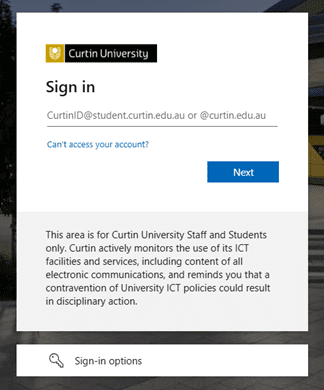 Curtin account login webpage.