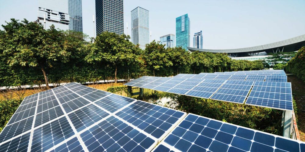 Solar energy panels with City Skyscrapers in the background