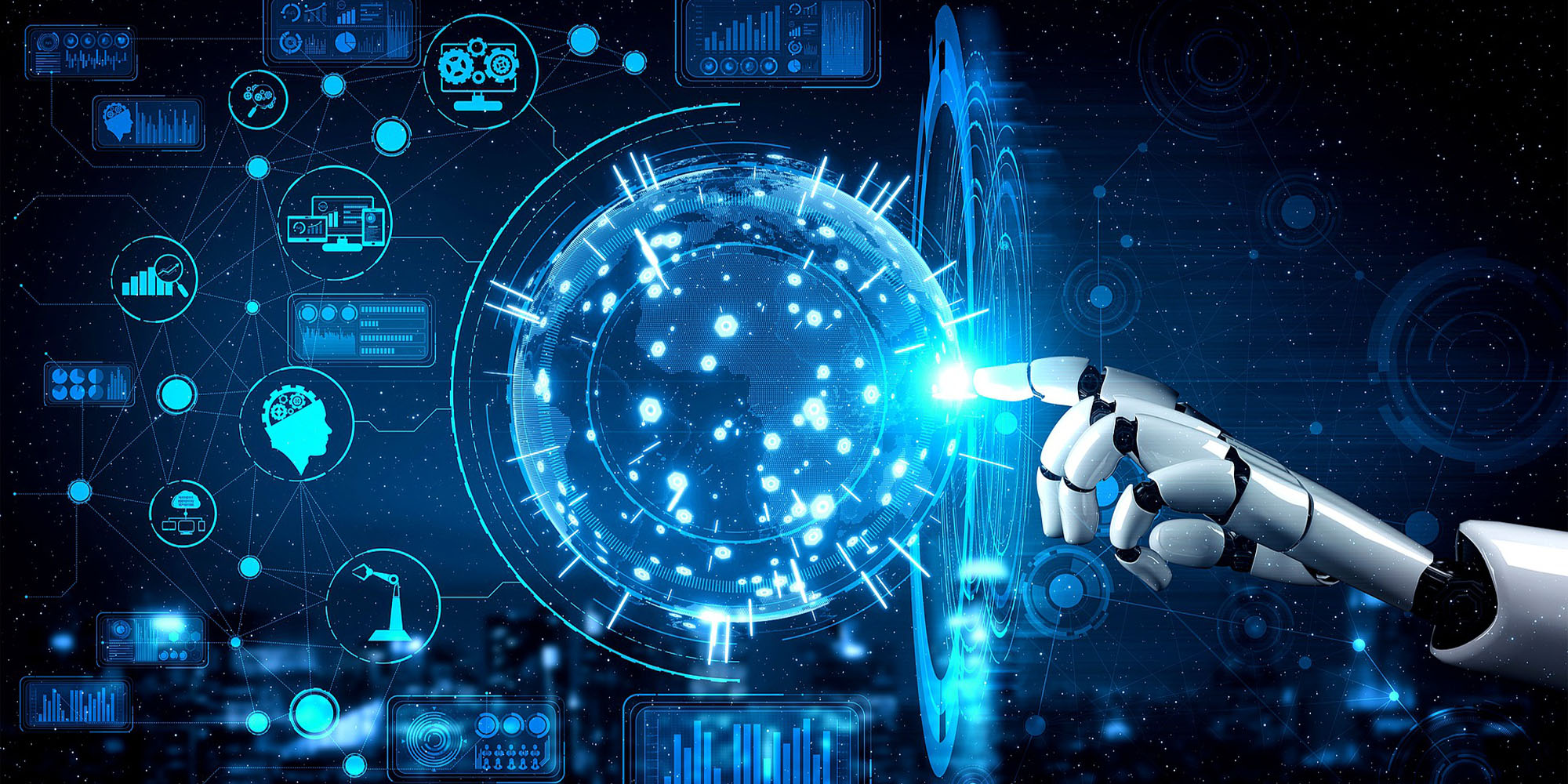 Futuristic graphics being touched by a robotic hand