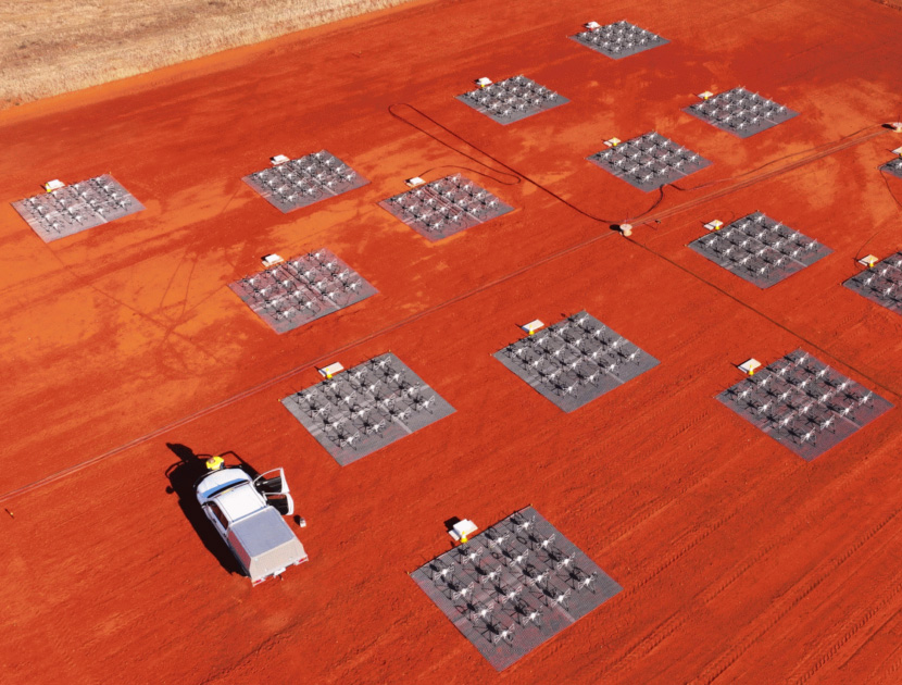 Aerial shot of part of the MWA against vivid red earth