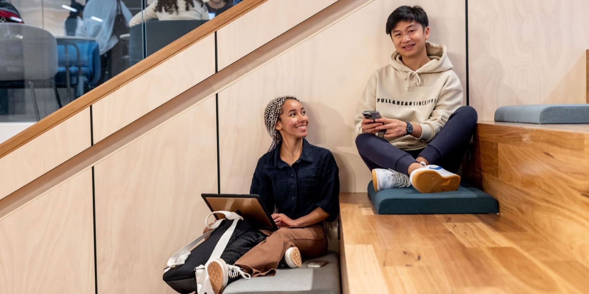 Students on library stairs
