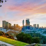Cityscape of Perth Western Australia as the sun rises. The photo was taken in Kings Park