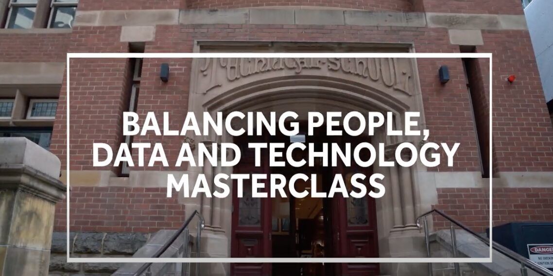 Balancing People Data and Technology Masterclass heading in white font in white text box - play video