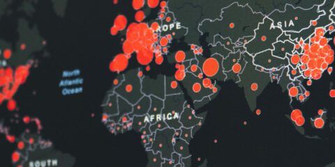 Digital world map with red hotspots identified