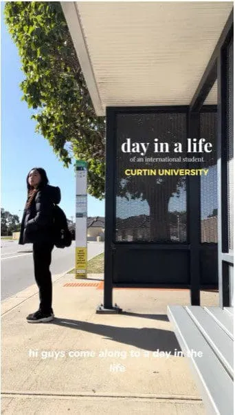 Curtin student Kathia waiting at a bus stop on her way to university